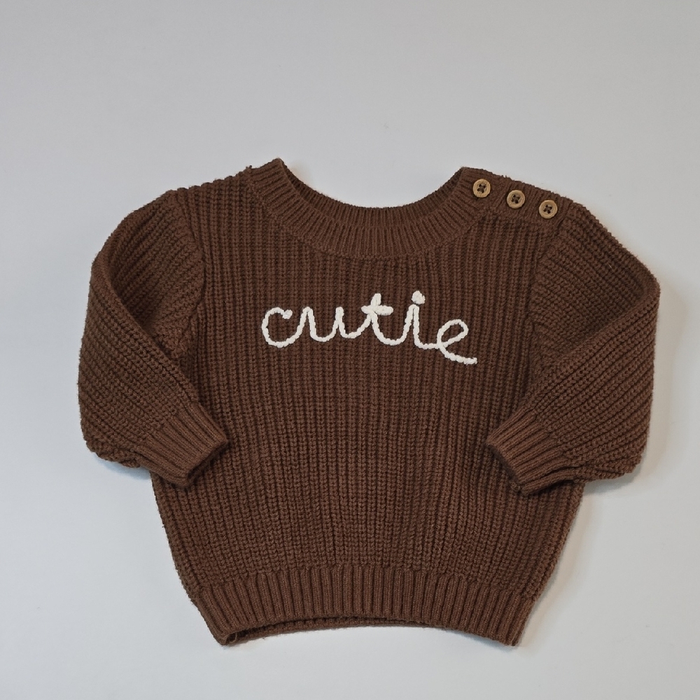 Grayson Mini Brown Knit Sweater with 'Cutie' Embroidery